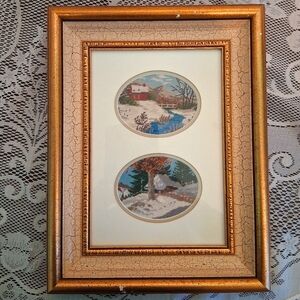 Petit Point 2 Winter Scenes -  Wall Art - Framed, Matted And Under Glass 3590